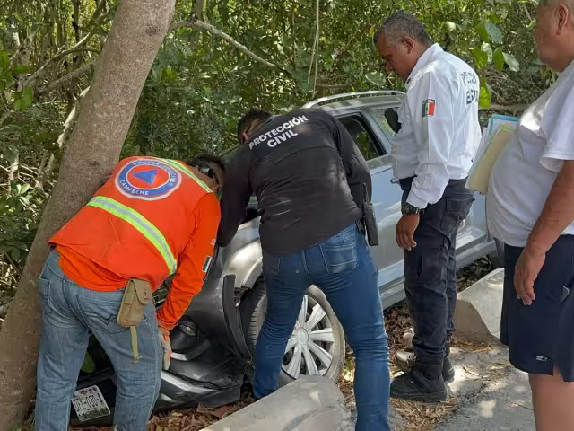 Auto termina en el manglar de la costera tras percance de conductora
