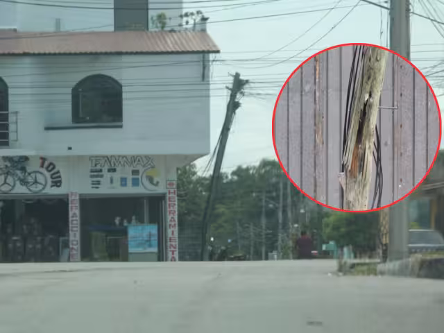 Vecinos alertan sobre poste de madera dañado por accidente vehicular en Los Manguitos