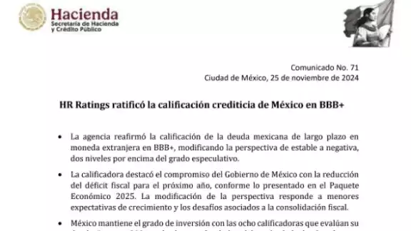 HR Ratings ratifica calificación crediticia de México a BBB+.