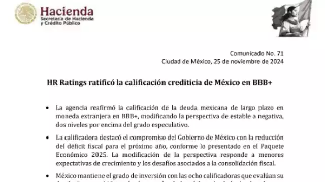HR Ratings ratifica calificación crediticia de México a BBB+.