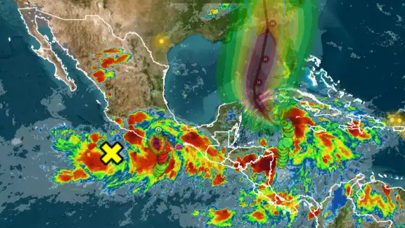 Imagen de trayectoria del Huracán John y Tormenta Nine. Imagen de trayectoria del Huracán John y Tormenta Nine.