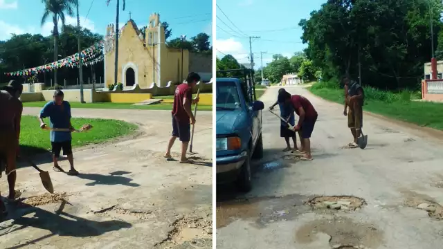 José Evelio Pantí Hoyos, comisario municipal de Xcupil, rellenó baches con escombro ante la falta de respuesta del Ayuntamiento y el gobierno del Estado.