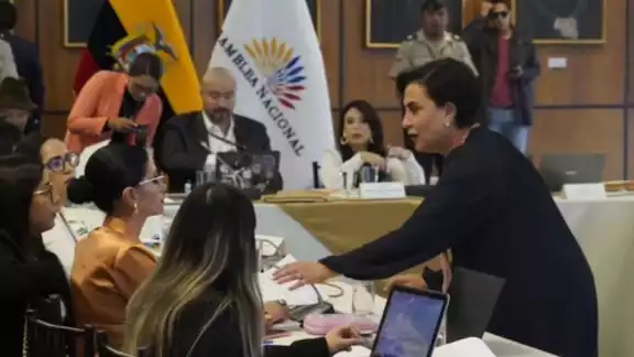 La ministra de Relaciones Exteriores de Ecuador, Gabriela Sommerfeld (de pie y vestido negro), podría enfrentar un juicio político por el asalto a la embajada mexicana en Quito