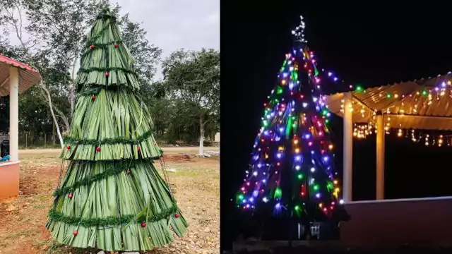 En Xbilincoc, la comunidad creó un árbol navideño ecológico con hojas de palma