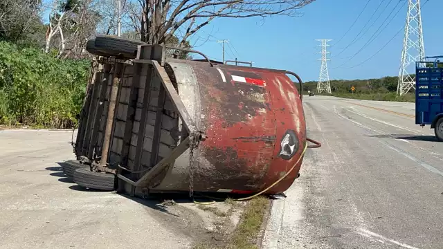 Un remolque lleno de ganado volcó en la carretera Carmen Puerto Real al soltarse del tirón de una camioneta Ford F150