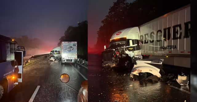 Un tráiler de una empresa de paquetería se accidentó antes de la rampa de frenado alto total, según un pasajero en redes sociales.