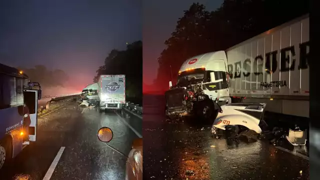 Un tráiler de una empresa de paquetería se accidentó antes de la rampa de frenado alto total, según un pasajero en redes sociales.