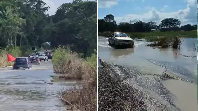 El nivel de la lámina de agua en la carretera Candelaria – Miguel Hidalgo ha comenzado a descender, permitiendo el paso de todo tipo de unidades
