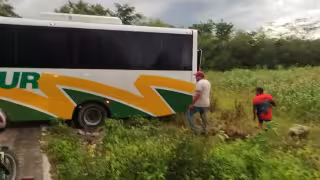 Parte del autobús terminó fuera de la carretera sobre la vegetación.