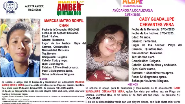 Los menores desaparecidos fueron identificados como Cady Guadalupe Cervantes Vera y Marcus Mateo Bonfil Chan