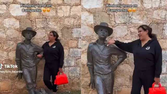 Kimberly “La más preciosa” fue vista en el Centro Histórico de Campeche, interactuando de forma divertida con la estatua del pregonero en la Puerta de Mar.