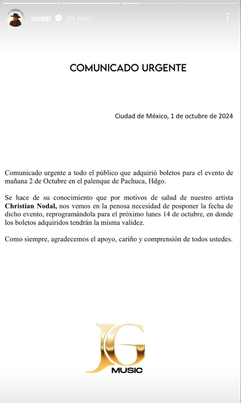 Comunicado oficial compartido por la cuenta de Instagram de Christian Nodal. Comunicado oficial compartido por la cuenta de Instagram de Christian Nodal.