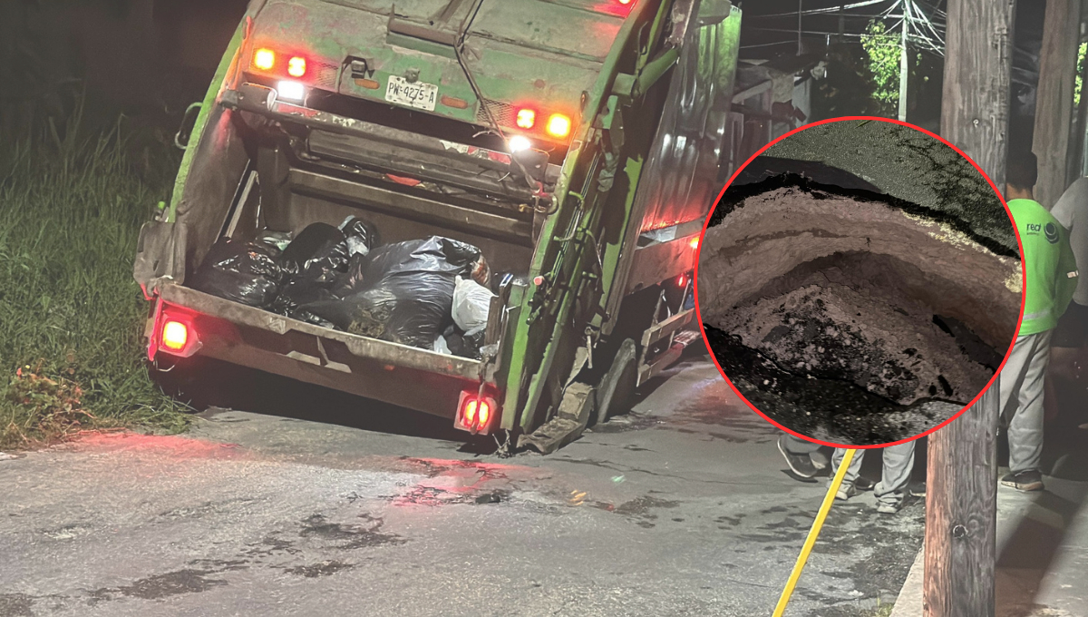 Camión de basura queda atascado en "megabache" en Campeche