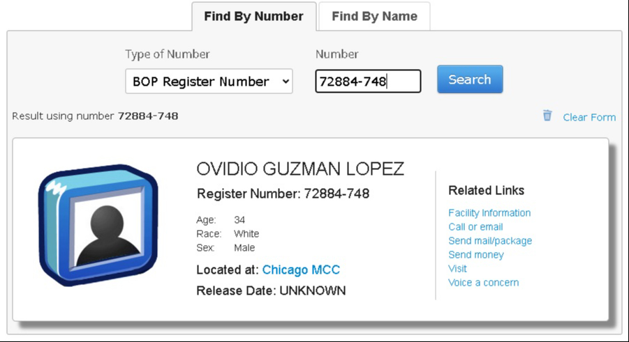 Registro de Ovidio Guzmán en el Buró Federal de Prisioneros de Estados Unidos (BOP) Registro de Ovidio Guzmán en el Buró Federal de Prisioneros de Estados Unidos (BOP)