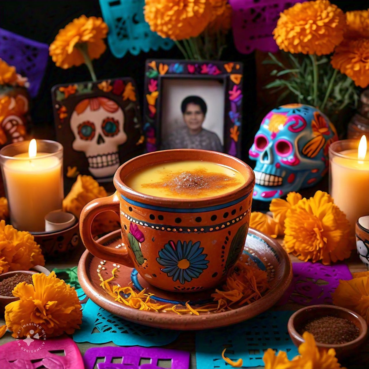 En el altar de muertos, el atole simboliza el calor del hogar y el cariño familiar En el altar de muertos, el atole simboliza el calor del hogar y el cariño familiar