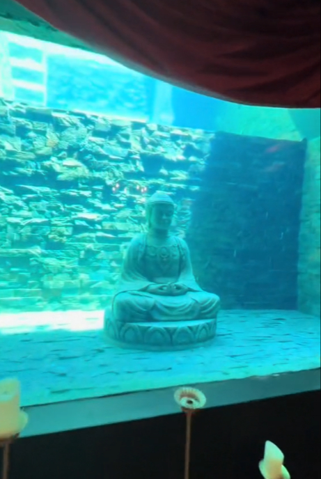 Uno de los espacios más famosos es la piscina con una escultura de Buda Uno de los espacios más famosos es la piscina con una escultura de Buda