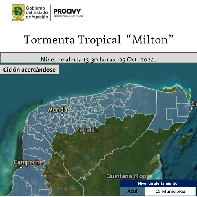 Tormenta tropical Milton presenta Alerta Azul a  69 municipios de Yucatán 