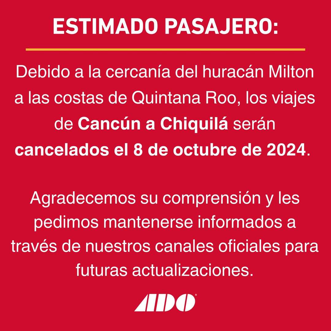 ADO cancela viajes de Cancún a Chiquilá por el huracán "Milton"