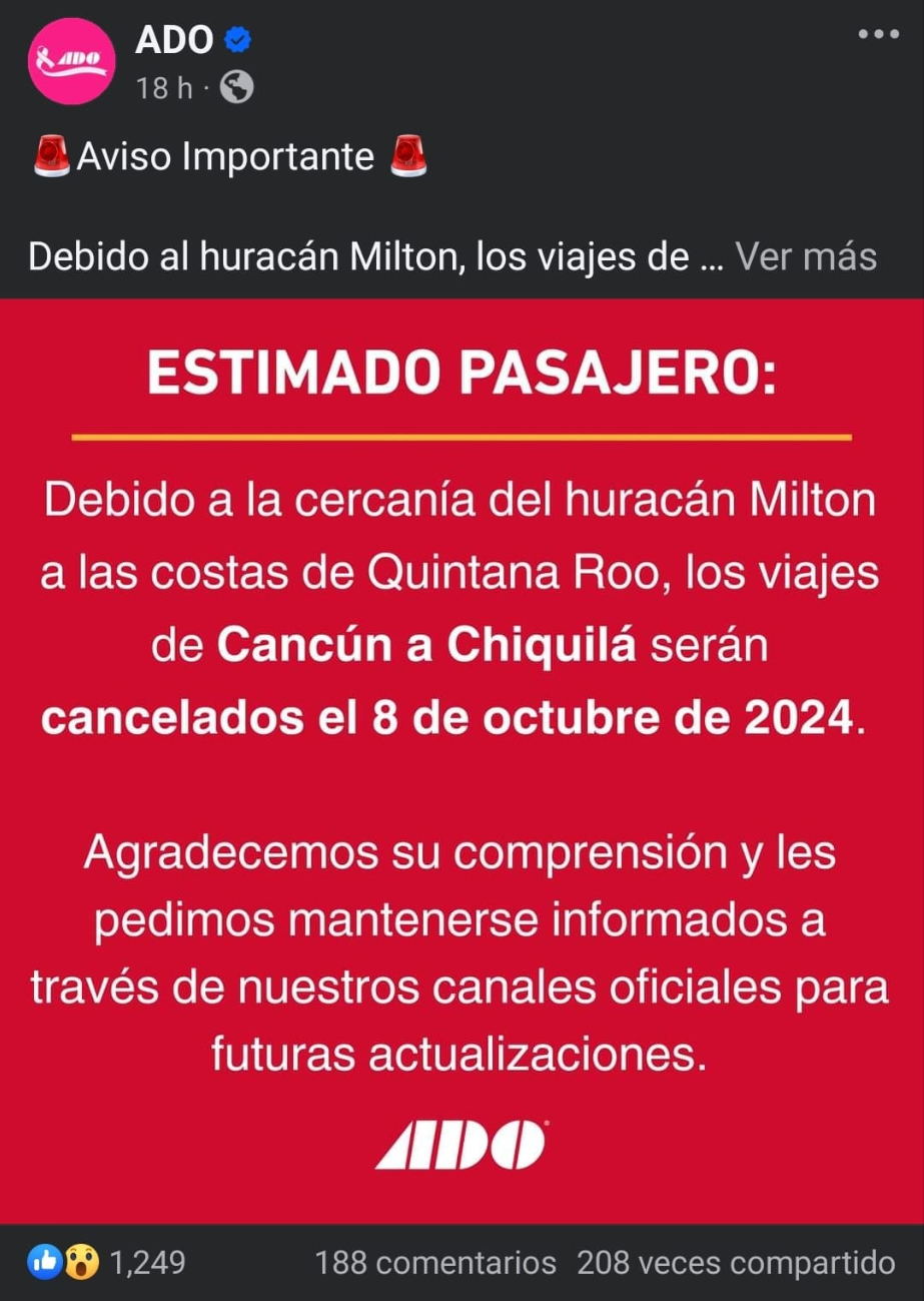 Viajes en ADO a Chiquilá se encuentran cancelados Viajes en ADO a Chiquilá se encuentran cancelados