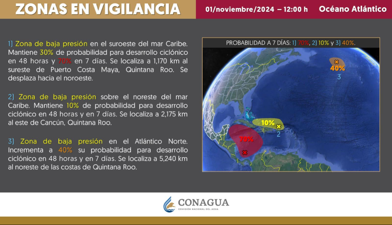 La zona baja de presión se encuentra a unos 2,175 km de Cancún La zona baja de presión se encuentra a unos 2,175 km de Cancún