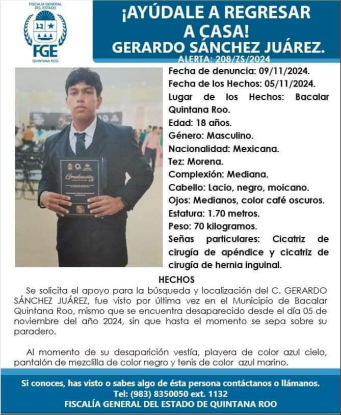 El joven Gerardo Sánchez es reportado como desaparecido en Bacalar. El joven Gerardo Sánchez es reportado como desaparecido en Bacalar.