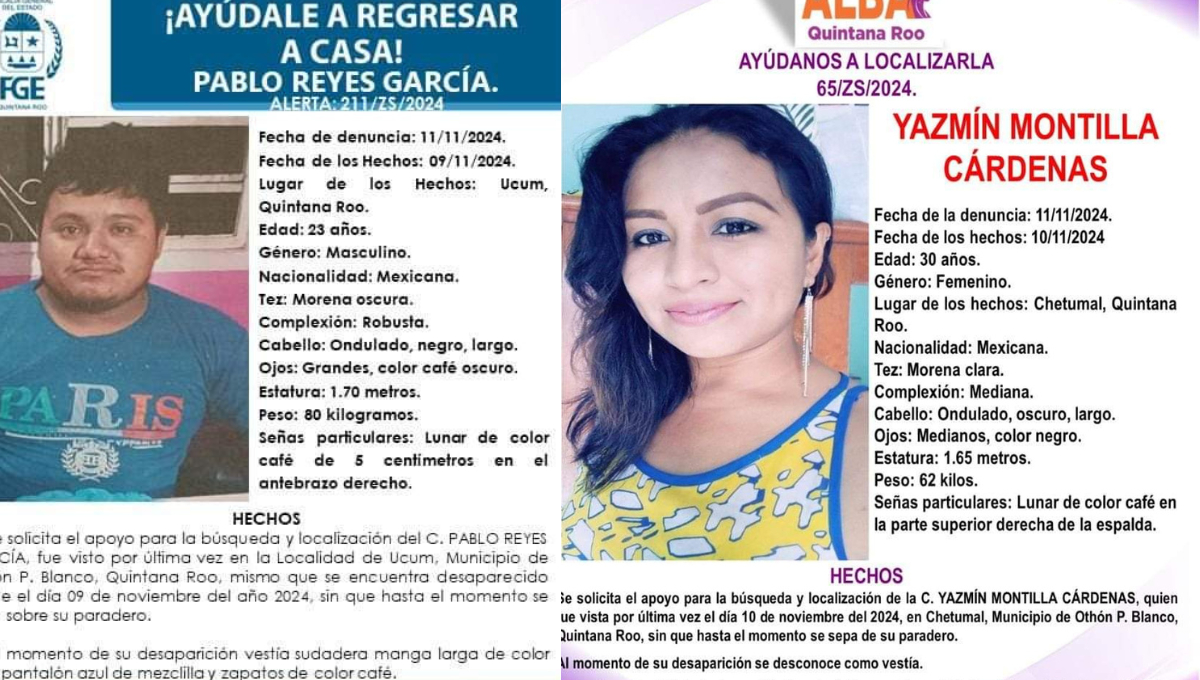 Pablo Reyes García lleva desaparecido desde el 9 de noviembre y Yazmín Montilla Cárdenas desde el 11 Pablo Reyes García lleva desaparecido desde el 9 de noviembre y Yazmín Montilla Cárdenas desde el 11