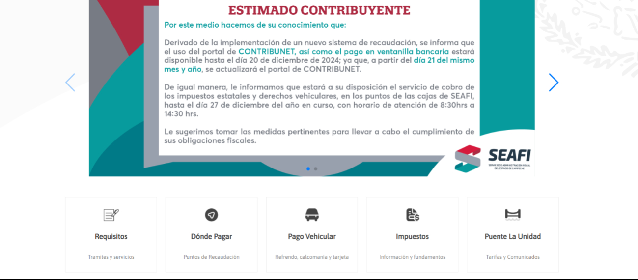 El portal de CONTRIBUNET y el pago en ventanilla bancaria estarán disponibles hasta el 20 de diciembre de 2024 El portal de CONTRIBUNET y el pago en ventanilla bancaria estarán disponibles hasta el 20 de diciembre de 2024