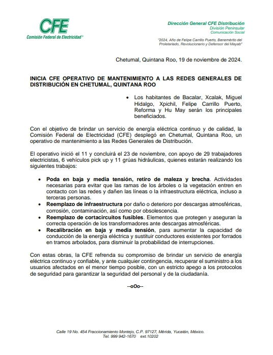 CFE comparte declaración sobre actividades en la región. CFE comparte declaración sobre actividades en la región.