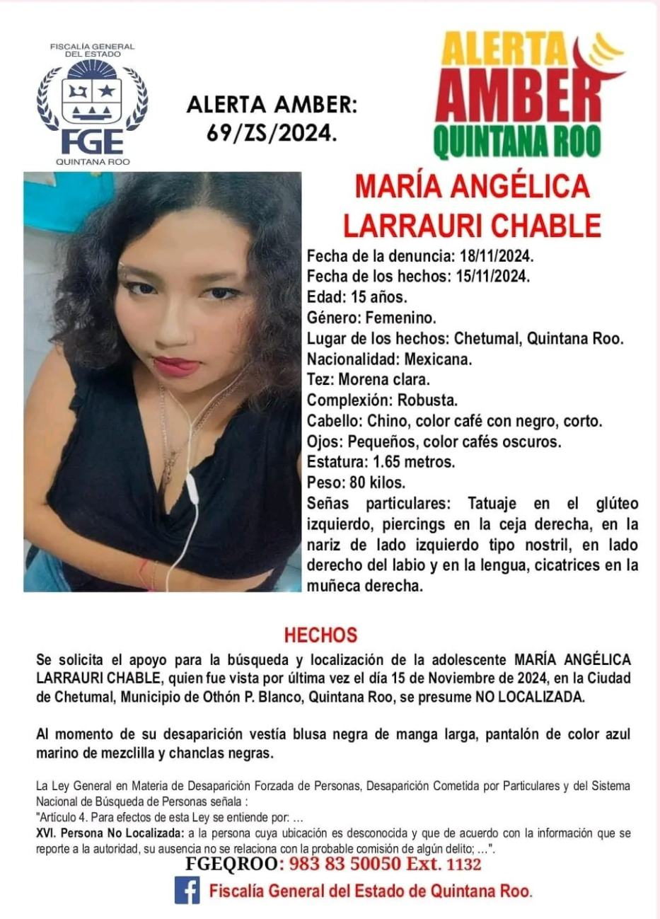 La menor María Angélica desaparece en Chetumal. La menor María Angélica desaparece en Chetumal.