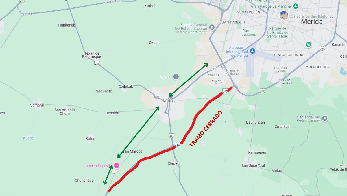 Se recomienda a los conductores usar la ruta alterna de Mérida hacia Umán y luego salir por Poxilá para evitar la zona de riesgo Se recomienda a los conductores usar la ruta alterna de Mérida hacia Umán y luego salir por Poxilá para evitar la zona de riesgo