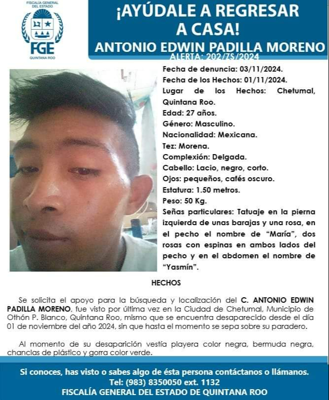 Antonio Padilla se encuentra desaparecido desde el 1 de noviembre. Antonio Padilla se encuentra desaparecido desde el 1 de noviembre.