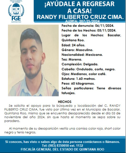 Fiscalía General del Estado (FGE) activa ficha de búsqueda por Randy Filiberto Cruz Cima. Fiscalía General del Estado (FGE) activa ficha de búsqueda por Randy Filiberto Cruz Cima.