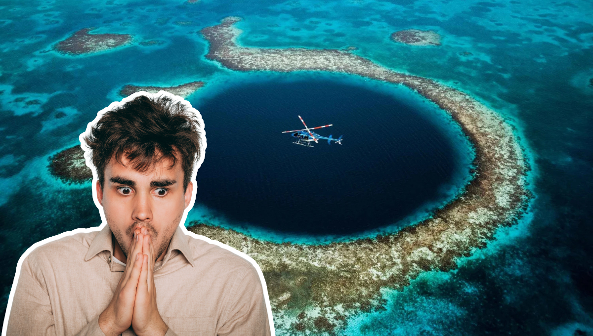 El Gran Agujero Azul en Belice es un sumidero de 300 metros de diámetro y 125 metros de profundidad, cautivando a científicos y turistas