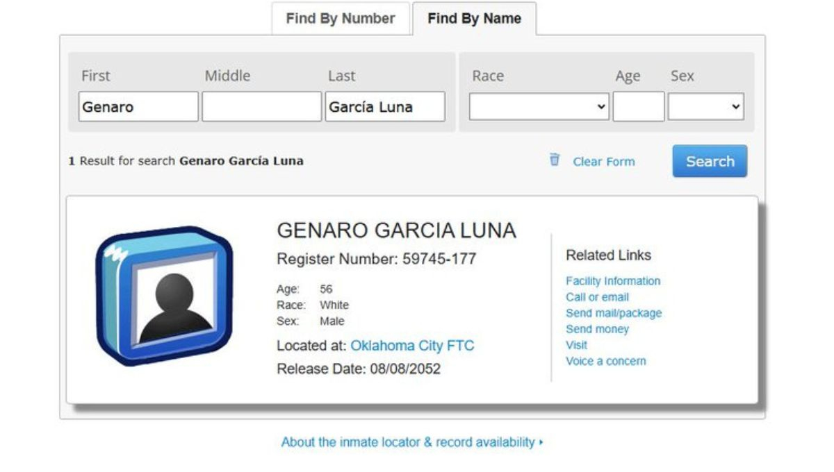 En la página de la  la Oficina Federal de Prisiones de EU, ya aparece el traslado de García Luna a otro centro penitenciario federal