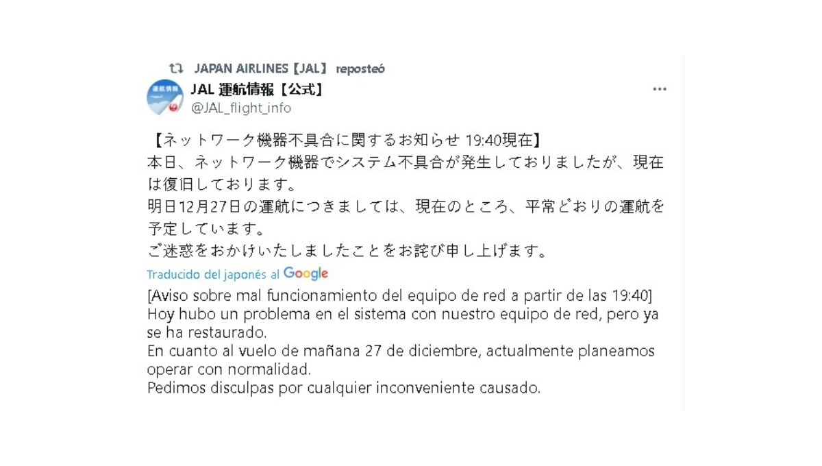 El Gobierno japonés solicitó a la aerolínea acelerar la reparación de los sistemas afectados El Gobierno japonés solicitó a la aerolínea acelerar la reparación de los sistemas afectados
