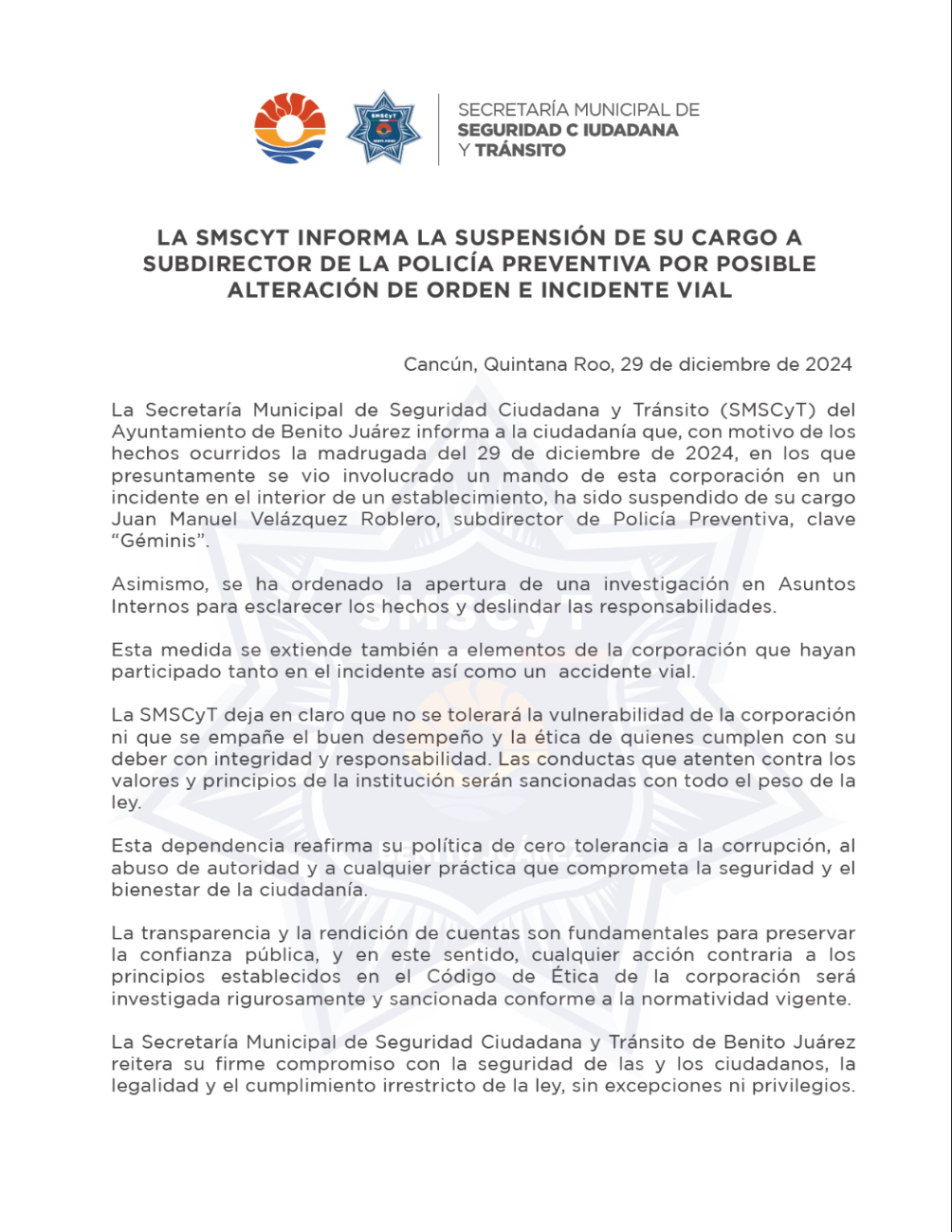 Además de su suspensión, los demás elementos serán investigados por presunta complicidad Además de su suspensión, los demás elementos serán investigados por presunta complicidad