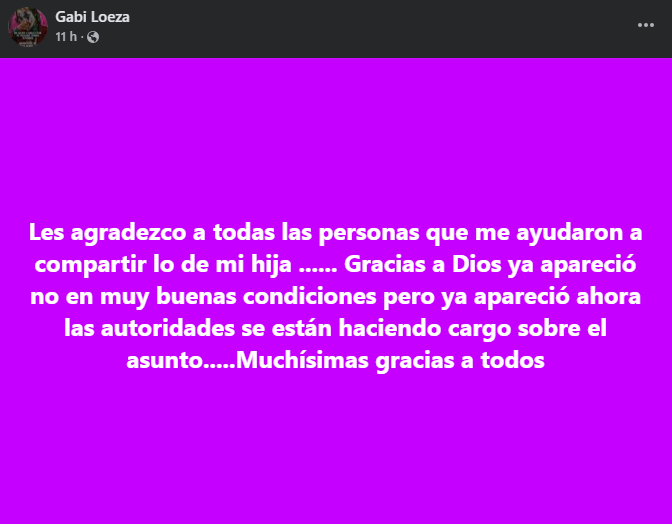 La madre de la menor reveló que fue encontrada en no muy buenas condiciones La madre de la menor reveló que fue encontrada en no muy buenas condiciones