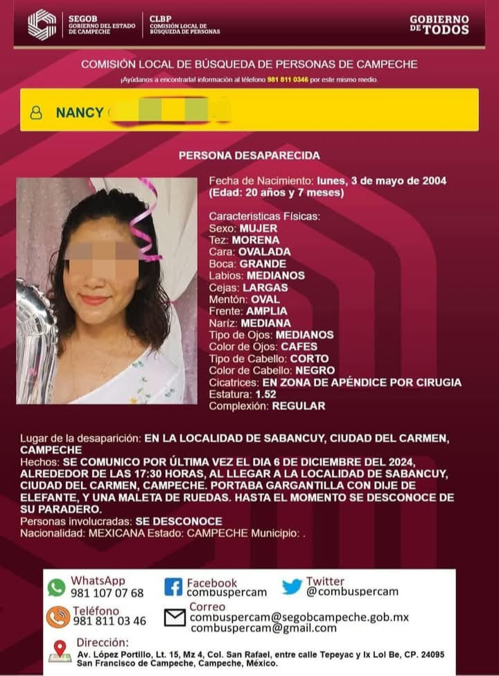 Localizan sin vida a Nancy Chi en la carretera Isla Aguada-Sabancuy; hay un detenido