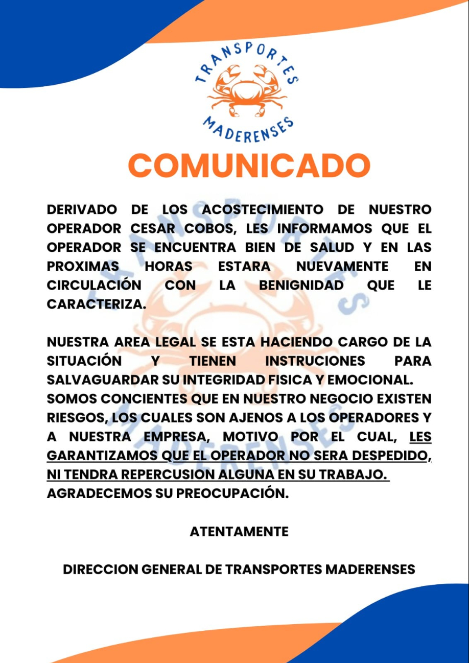 La empresa Transportes Maderenses emitió un comunicado respaldando a su trabajador La empresa Transportes Maderenses emitió un comunicado respaldando a su trabajador