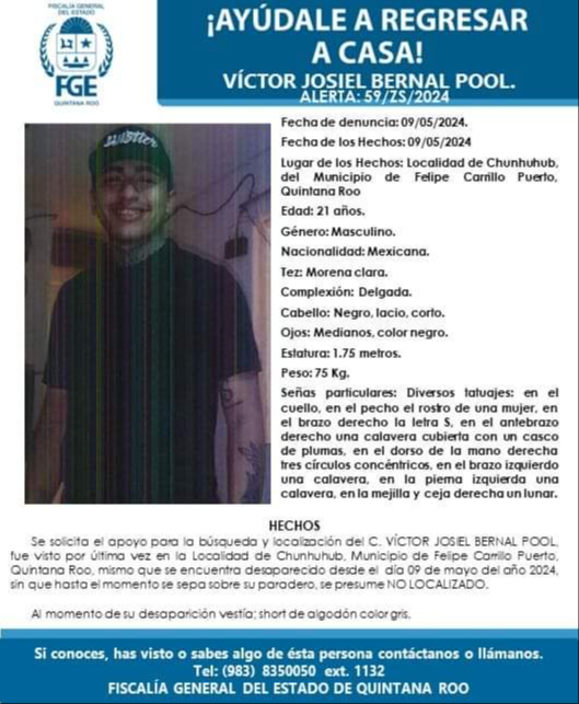 La FGE de Quintana Roo emitió una ficha de búsqueda tras la desaparición de Víctor Joel La FGE de Quintana Roo emitió una ficha de búsqueda tras la desaparición de Víctor Joel