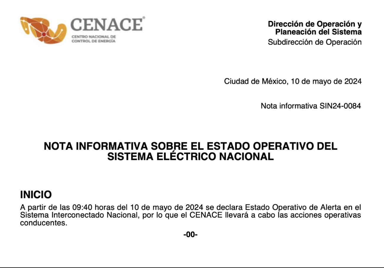 Por cuarto día consecutivo, el CENACE declaró alerta operativa en el sistema eléctrico Por cuarto día consecutivo, el CENACE declaró alerta operativa en el sistema eléctrico