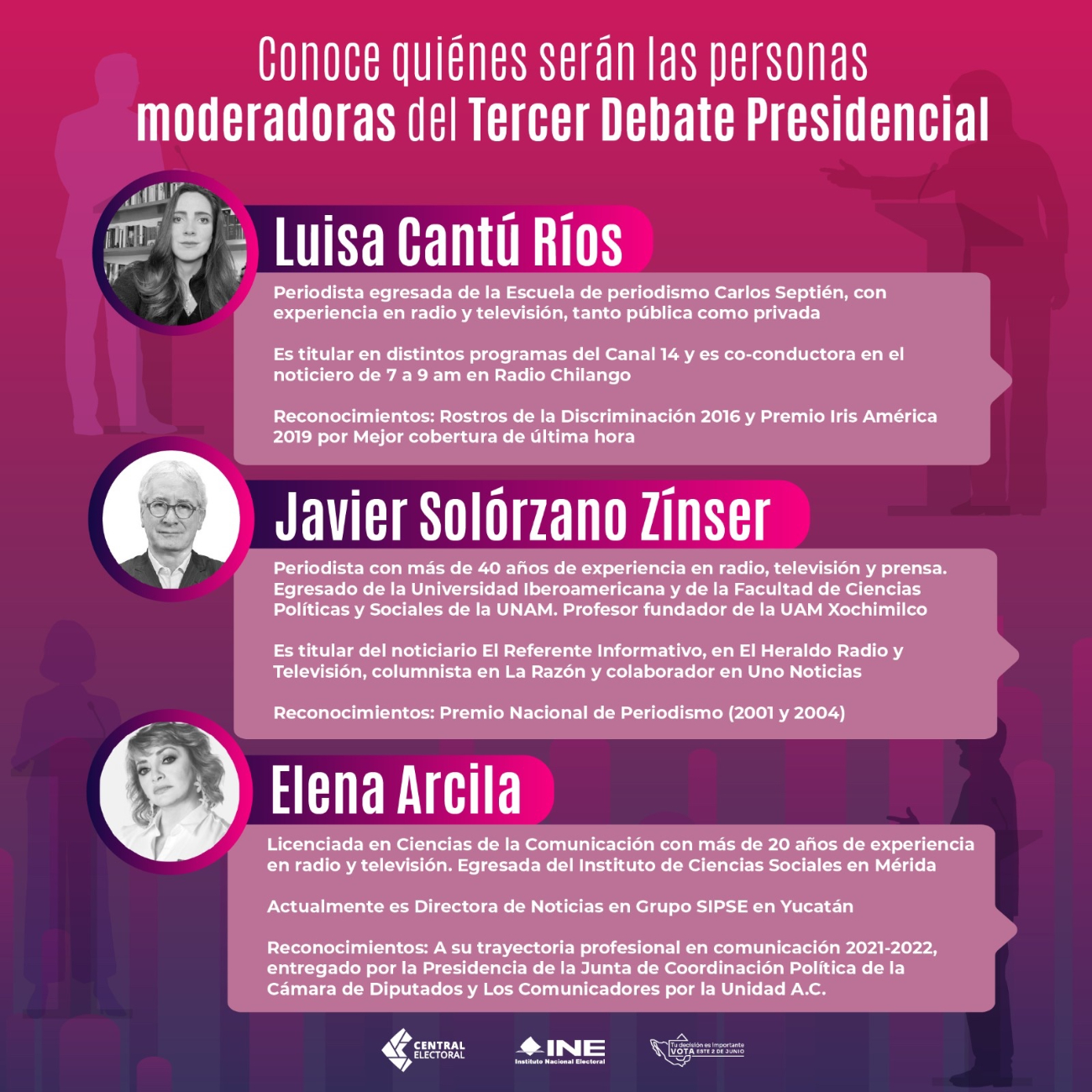 En esta ocasión, son tres personas que estarán a cargo del tercer debate presidencial En esta ocasión, son tres personas que estarán a cargo del tercer debate presidencial