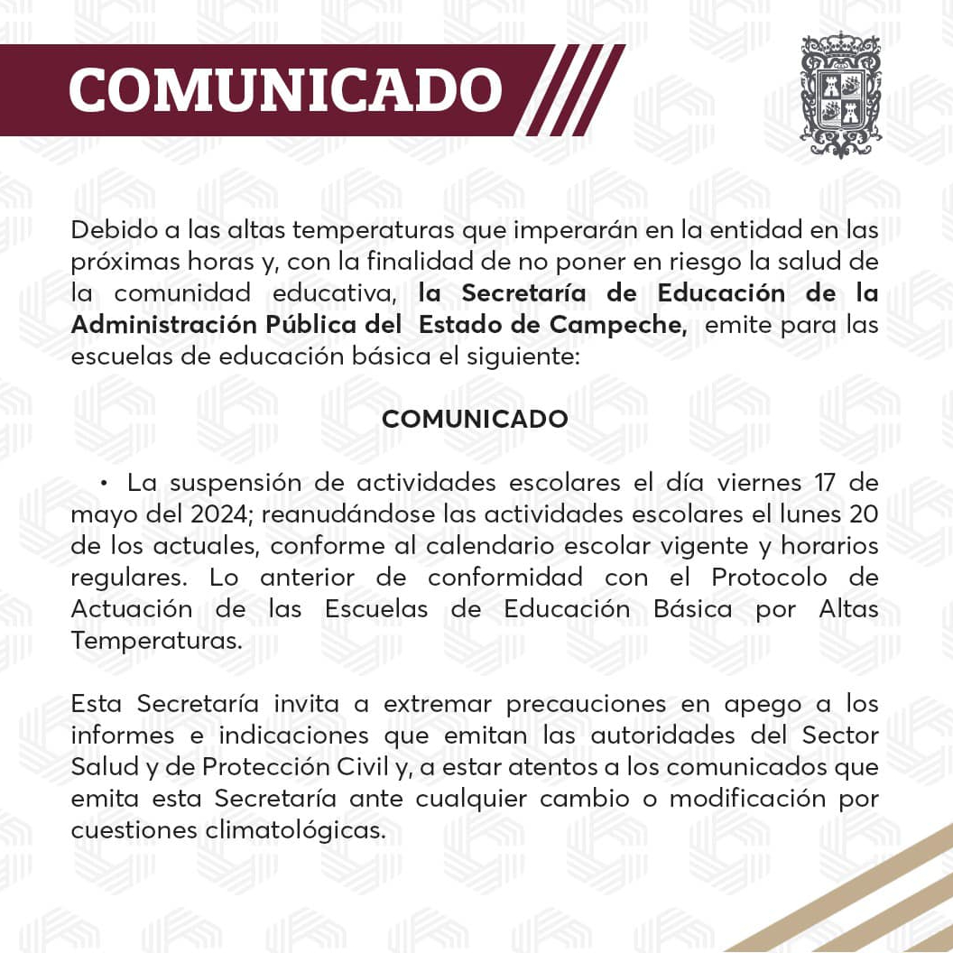 Las clases se suspenderán este viernes en Campeche Las clases se suspenderán este viernes en Campeche