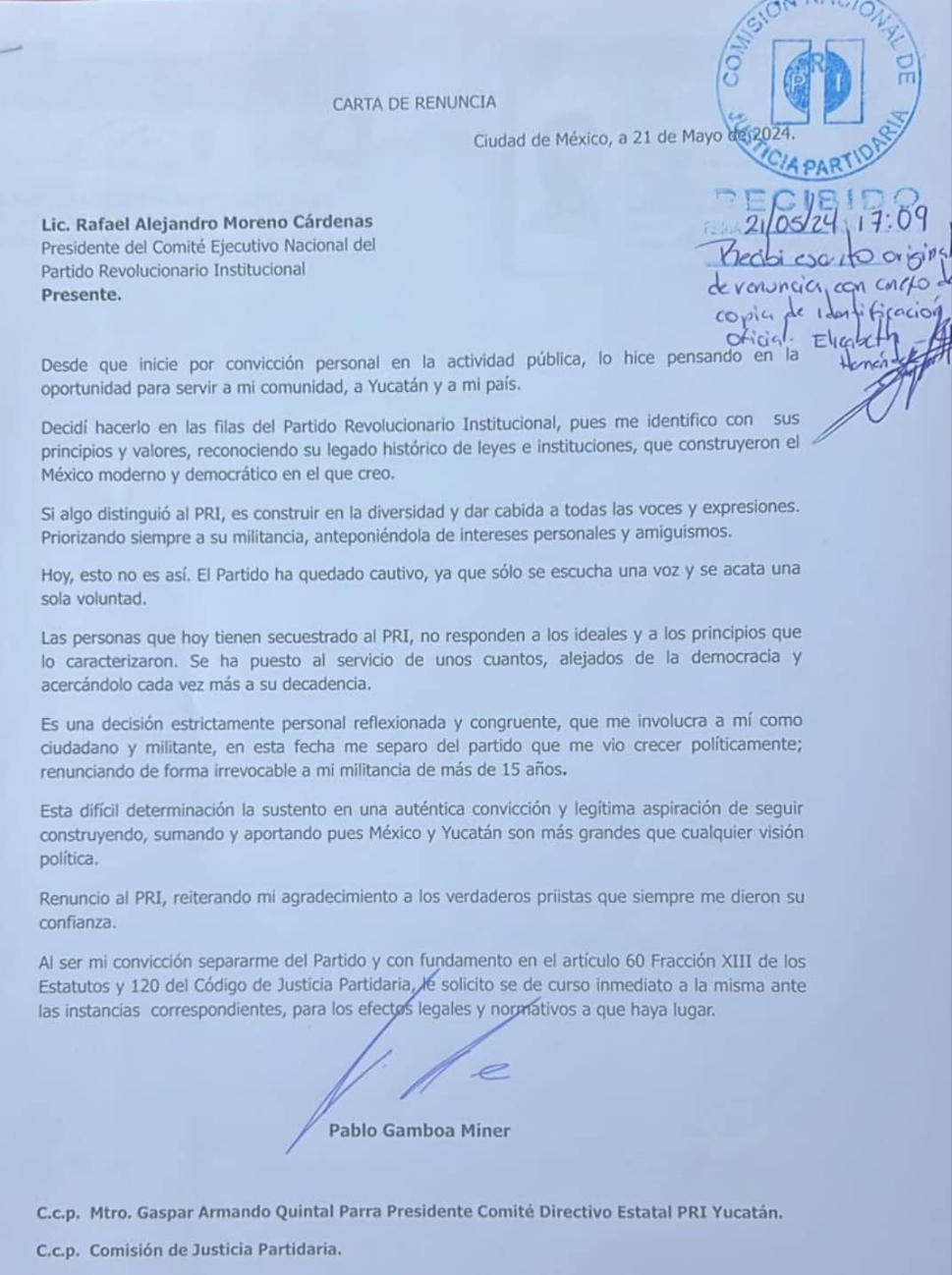 El hijo de Emilio Gamboa Patrón decidió abandonar el PRI con un oficio El hijo de Emilio Gamboa Patrón decidió abandonar el PRI con un oficio