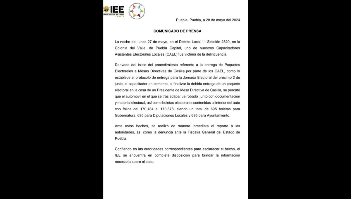 El Instituto Estatal Electoral de Puebla denunció el robo de boletas electorales El Instituto Estatal Electoral de Puebla denunció el robo de boletas electorales