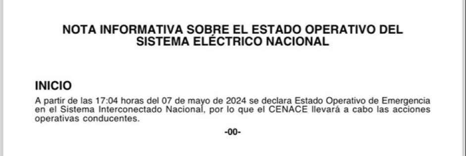 CENACE reporta Estado Operativo de Emergencia en el Sistema Interconectado Nacional / RRSS CENACE reporta Estado Operativo de Emergencia en el Sistema Interconectado Nacional / RRSS