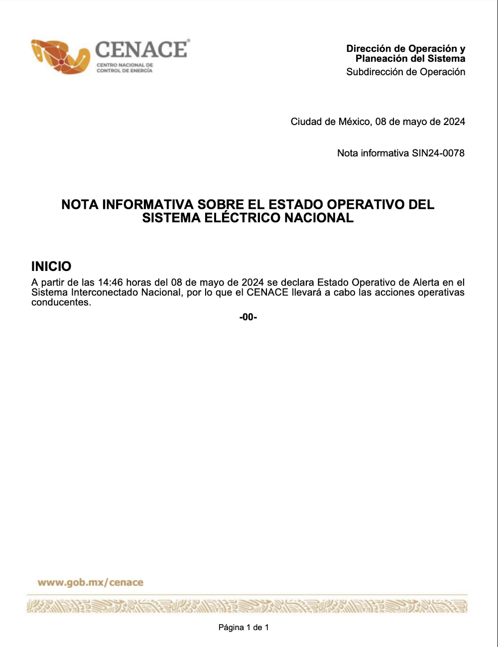 Este fue el comunicado de la CENACE acerca del Estado Operativo de Alerta Este fue el comunicado de la CENACE acerca del Estado Operativo de Alerta