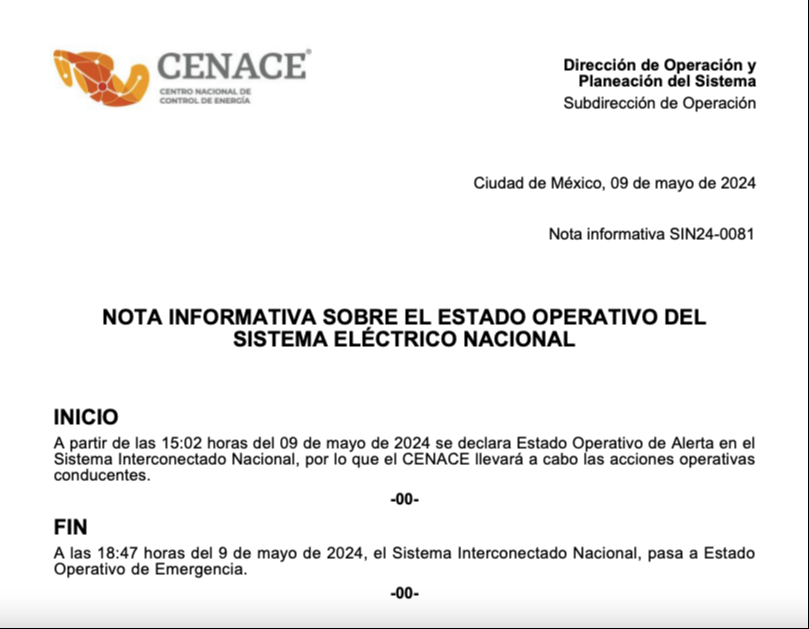 Comunicado de la CENACE sobre el Estado Operativo de Emergencia Comunicado de la CENACE sobre el Estado Operativo de Emergencia