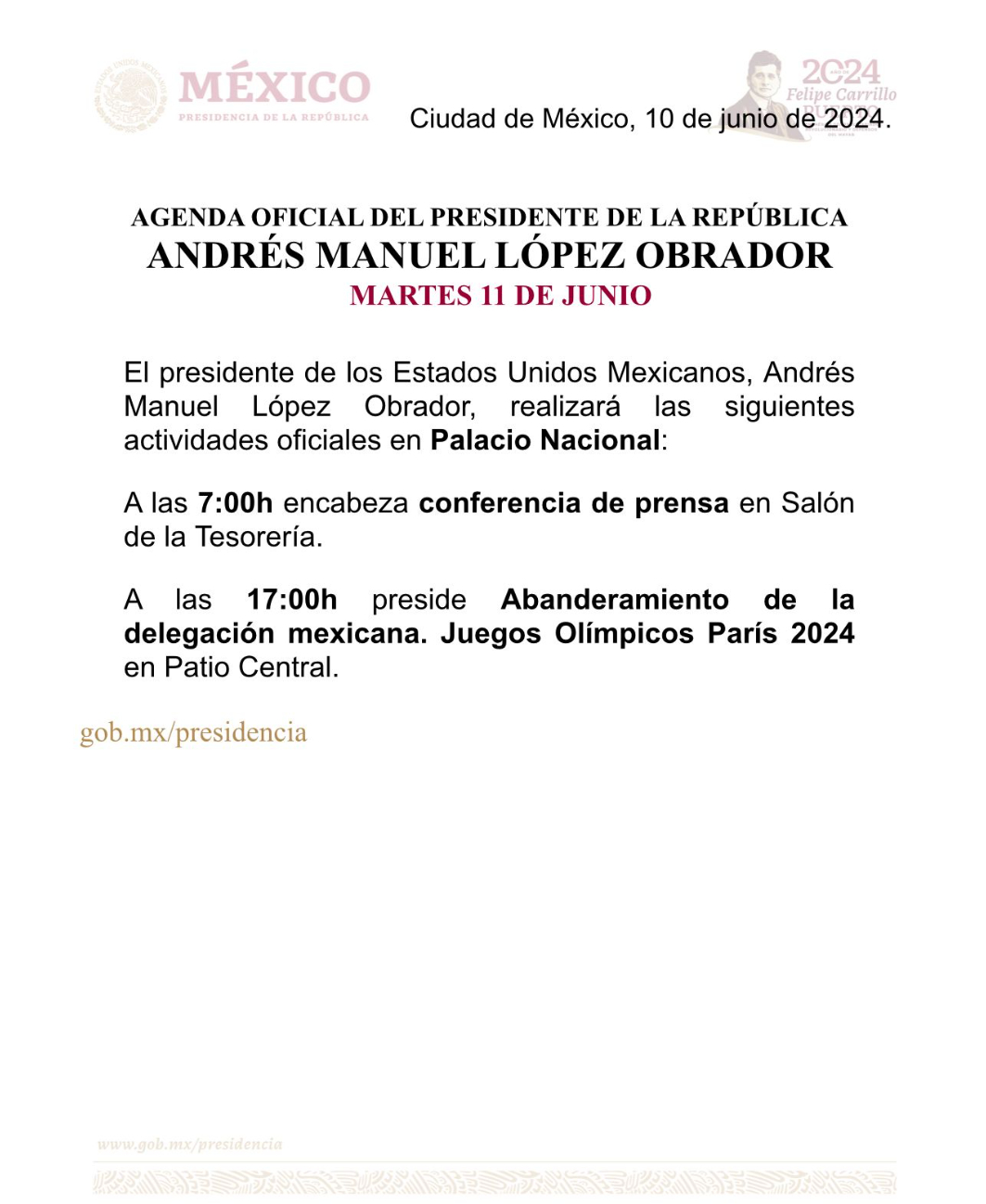 Agenda oficial del presidente Andrés Manuel López Obrador para este martes Agenda oficial del presidente Andrés Manuel López Obrador para este martes