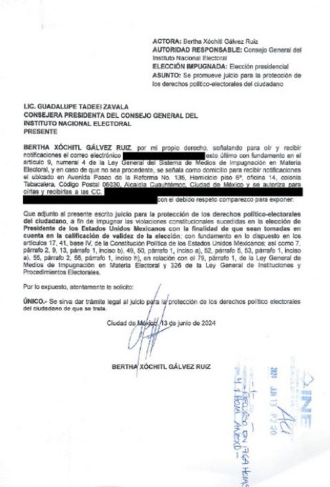 Documento que Xóchitl Gálvez presentó ante el INE Documento que Xóchitl Gálvez presentó ante el INE